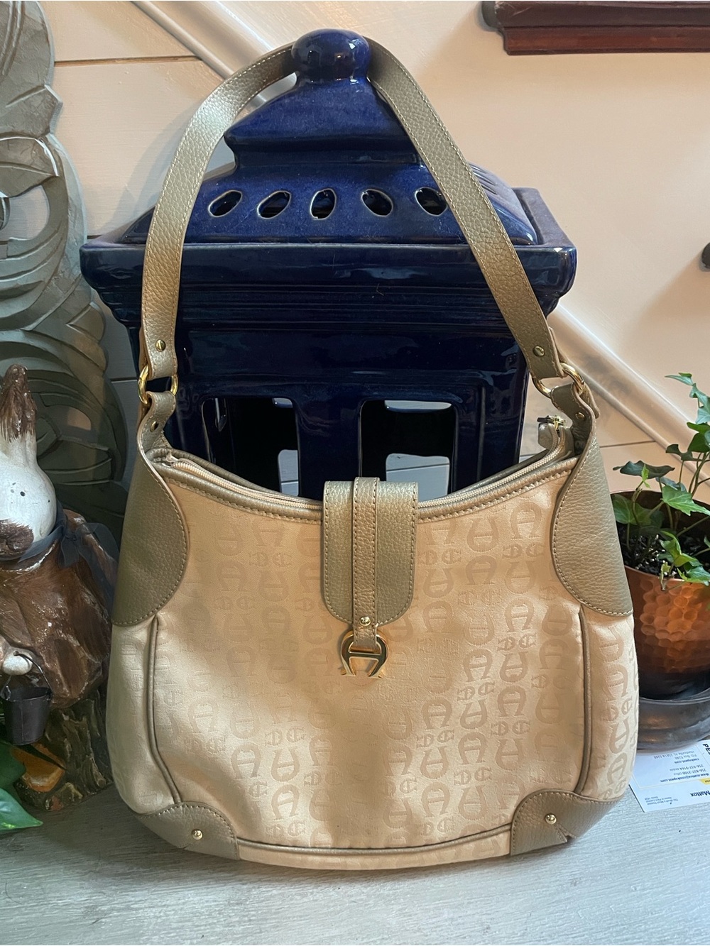 Vintage 90’s Etienne Aigner Beige and Taupe Logo Hobo Shoulder Bag